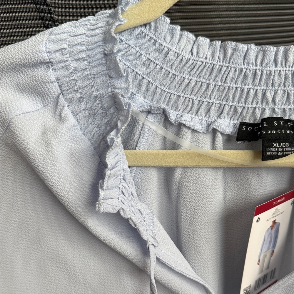 Elegant Light Blue Smocked Neck Blouse - Picture 4 of 15